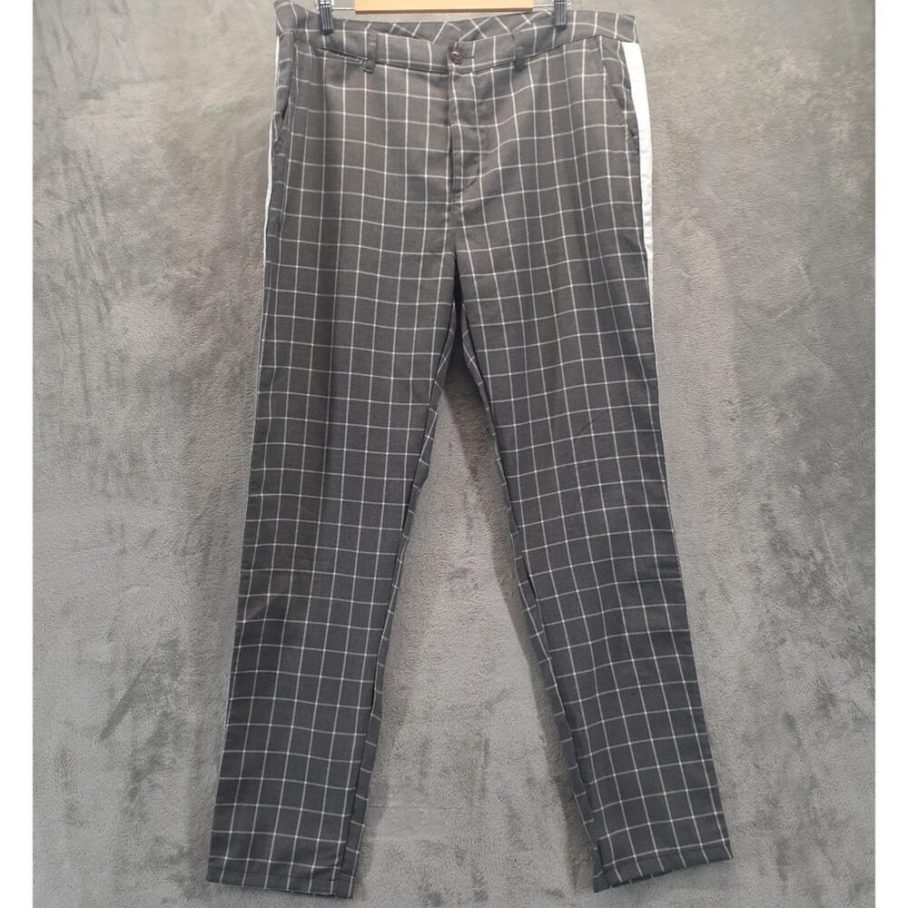 ASOS Men Pants 40x33 XXL Gray WIndow Check Slim Fit Slacks Stipe on Side